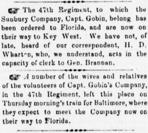 As the 47th Pennsylvania was ordered to Florida and Sunbury families traveled to bid them farewell, Henry Wharton clerked for Brigadier-General Brannan (Sunbury American, 18 January 1862, public domain).