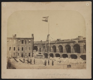 Alma Pelot's photo showing the Confederate flag flying over Fort Sumter 16 April 1861 (public domain, Library of Congress).