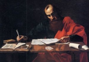 Saint Paul Writing His Epistles (Bulogne, c. 1600, public domain).