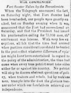 War Commenced Fort Sumter Taken by Secessionists - Sunbury American 20 Apr 1861