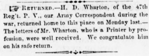 Wharton, Henry D - aka HDW - ID'd by Sunbury American Oct 1865