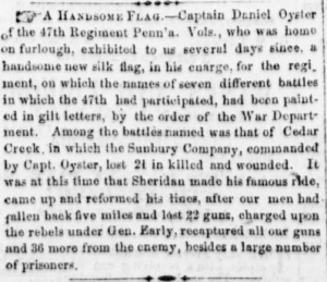 Upon return home for his furlough, Capt. Daniel Oyster was given the 47th Pennsylvania Volunteers' new Second State Color (Sunbury American, 11 March 1865, public domain).