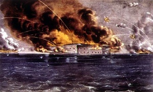 The bombardment of Fort Sumter 12-14 April 1861 (Currier & Ives, public domain).
