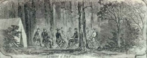 This public domain illustration is an excerpt from a larger montage of images from the Battle of Falling Waters, Virginia which ran in the 27 edition of Harper's Weekly. "Council of War" depicts "Generals Williams, Cadwallader, Keim, Nagle, Wynkoop, and Colonels Thomas and Longnecker" strategizing on the eve of battle.