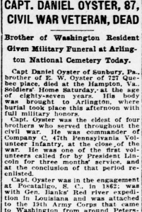 Captain Daniel Oyster - Death Headline, Evening Star, Washington, D.C. (11 August 1922).