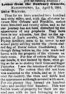 Henry D. Wharton's Letter from Natchitoches, LA 5 April 1864 (Sunbury American, 7 May 1864)