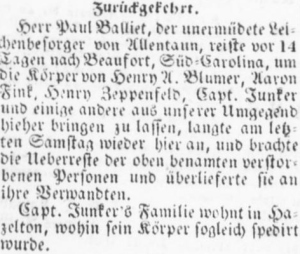 Balliet Brings Bodies of George Junker, Aaron Fink, Henry A. Blumer, and Henry Zeppenfeld Home (Der Lecha Caunty Patriot, 3 December 1862, public domain)