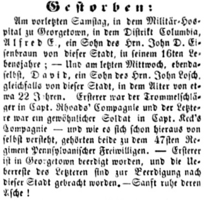 Alfred Eisenbraun's Obituary, Der Lecha Caunty Patriot (6 November 1861, public domain).