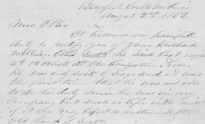 Excerpt of letter from Capt. Coleman Keck, commanding officer, Company I, 47th Pennsylvania Volunteers, to Paulina Ellis, Notifying Her of Husband William's Death on 1 August 1862 (U.S. Civil War Pension Files, public domain).