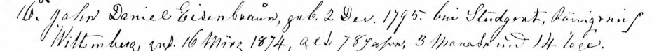 John Daniel Eisenbraun Baptismal Record, 16 March 1874, St. Paul's Lutheran Church, Allentown, PA, public domain).