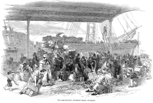 While the exact year and point of emigration are not yet known for William Ellis, it is likely he witnessed a scene much like the one depicted in The Embarkation, The London Illustrated, 6 July 1850 (public domain).