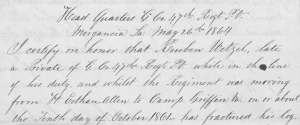 John J. Goebel's 26 May 1864 Affidavit Supporting Pension App by Pvt. Wetzel's Widow (exerpt, public domain).
