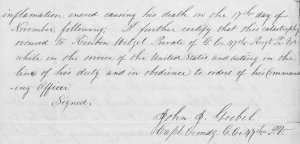 John J. Goebel's 26 May 1864 Affidavit, Pension App of Private Reuben Wetzel (excerpt, p. 2, public domain).