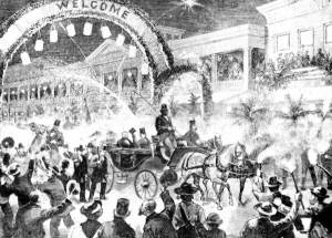 The 1863 Fourth of July celebrations in Key West, Florida likely resembled those captured in this image from January 1880 in which former U.S. President Ulysses S. Grant and General Philip Sheridan arrived at the Russell House on Duval Street (Florida Memory Project, public domain).