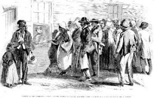 Freedmen's Bureau Issuing Rations to the Old and Sick, New Orleans, Louisiana (1867, Frank Leslie's Illustrated Newspaper, public domain).