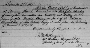W. H. R> Hangen's Freedmen's Bureau Complaint Ledger Entry re Battery by John Schatelier of Freedman Martin Owens (23 November 1866, public domain).