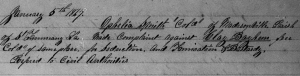 W. H. R. Hangen's Freedmen's Bureau Complaint Ledger Entry re Bastardy Charges Alleged by Freedwoman Ophelia Smith Against Clay Bayhem (5 January 1867, public domain).