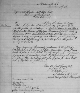 Washington H. R. Hangen's 6 November 1866 letter documenting his appointment as Agent for the U.S. Bureau of Refugees, Freedmen, and Abandoned Lands, St. Tammany and Washington Parishes, Louisiana (public domain).