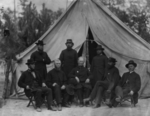 Chaplains, 9th Corps, U.S. Army, Petersburg, Virginia, October 1864. Although none of the chaplains were identified in this photo, the man standing second from left may be Rev. W. D. C. Rodrock, Chaplain, 47th Pennsylvania Volunteers. This man's image bears a striking similarity to Rodrock's December 1863 carte de visite (public domain, U.S. Library of Congress).
